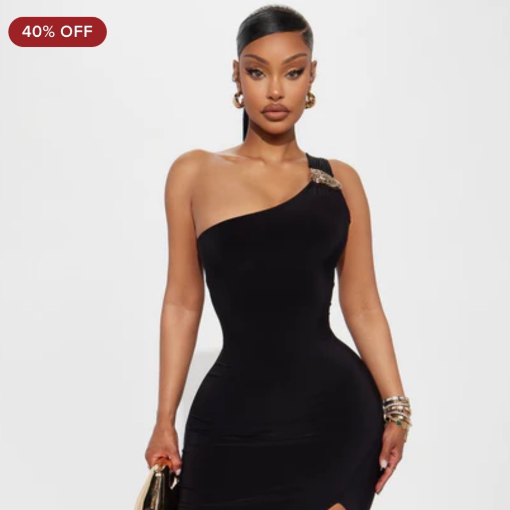 ~Olivia One Shoulder Black Dress w/Slit & Gold Metal Badge Detail~